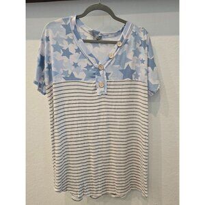 Honeymme Curvy XL Womens Blue Star & Stripe Button Accent Short Sleeve Shirt
